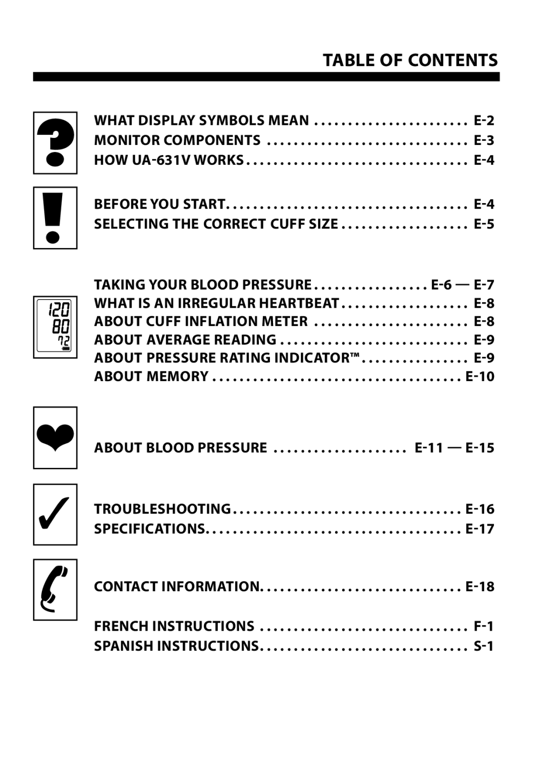 LifeSource UA-631V manual Table Of Contents 